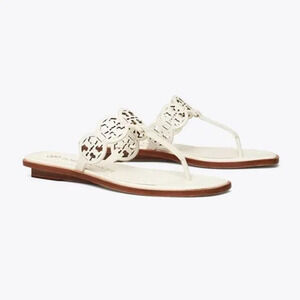 NWT Tory Burch Tiny Miller Logo Leather Flat Thong Sandals White Women's US 8